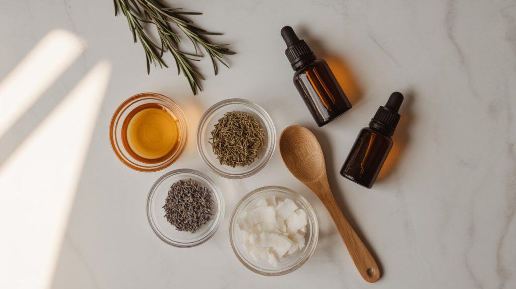 A flat lay of natural skincare ingredients for relaxation: a sprig of rosemary, two amber dropper bottles, a small bowl of scalp oil, bowls of dried rosemary and lavender, solid coconut oil, and a wooden spoon on a marble surface.