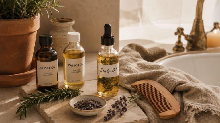 Three bottles labeled jojoba oil, castor oil, and scalp oil—perfect for a homemade recipe to support hair growth—rest on a stone tray beside a wooden comb, rosemary sprig, dried lavender bowl, and beige towel near a brass faucet sink.