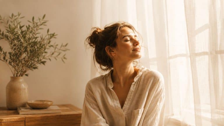A woman with wavy hair in a loose bun sits by a sunlit window, wearing a light button-up shirt. Smiling softly with her eyes closed, she basks in the warm sunlight—an ideal moment to rediscover yourself. A potted plant rests on a wooden table behind her.