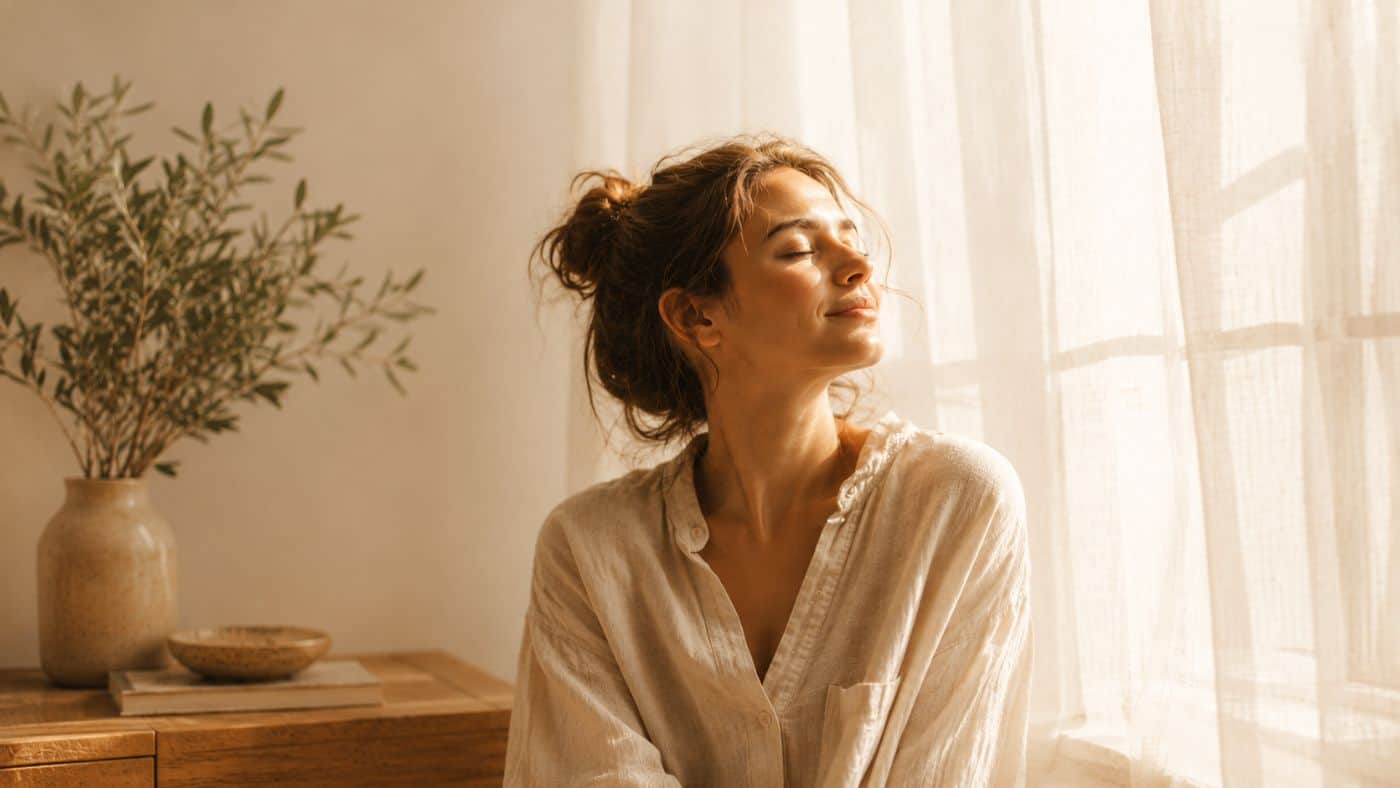 A woman with wavy hair in a loose bun sits by a sunlit window, wearing a light button-up shirt. Smiling softly with her eyes closed, she basks in the warm sunlight—an ideal moment to rediscover yourself. A potted plant rests on a wooden table behind her.