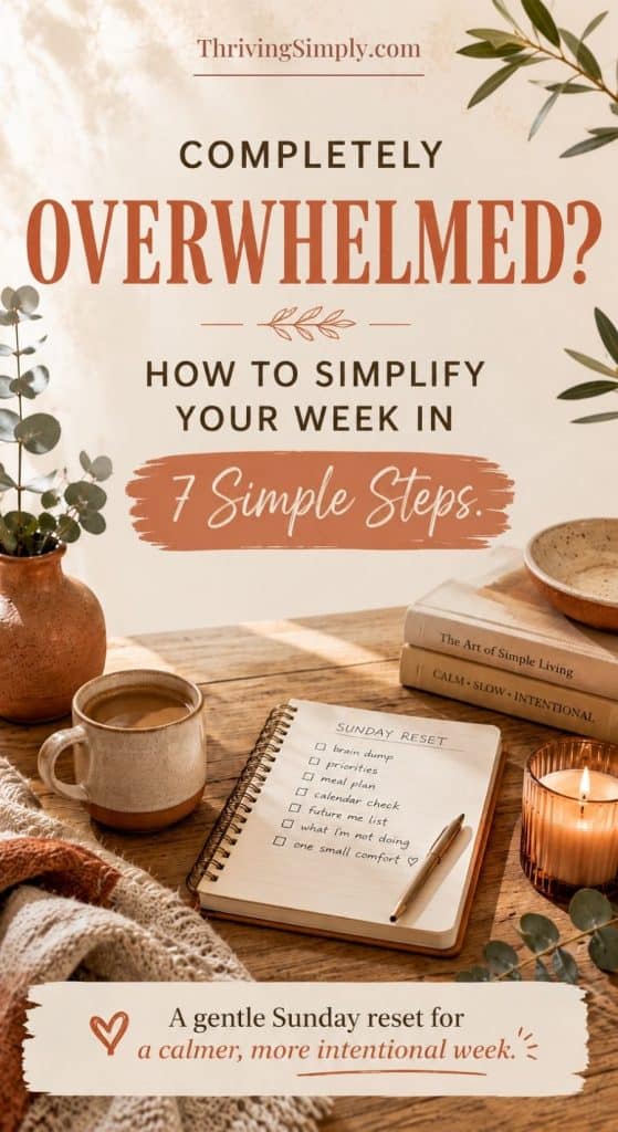 A cozy scene with coffee, a candle, books, and a notepad titled Sunday Reset lists tasks. Text reads: Completely Overwhelmed? Try weekly planning to simplify the week in 7 simple steps. A gentle Sunday reset for a calmer, more intentional week.