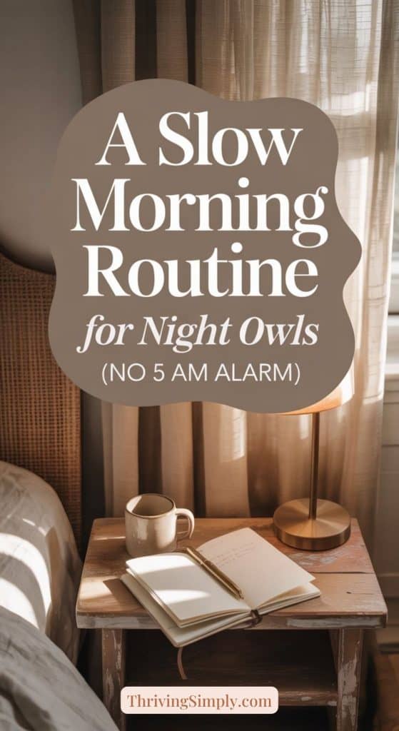 A cozy bedroom scene with a wooden nightstand holding a mug, an open notebook, and a lamp beside a made bed; text overlay reads “A Slow Morning Routine for the Night Owl (No 5 AM Alarm).”.