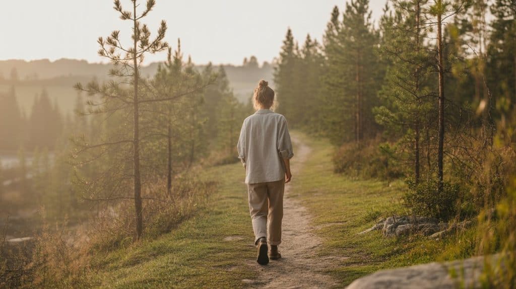 A person with their hair in a bun walks alone on a dirt path through a forest of young pine trees, surrounded by greenery and bathed in soft, warm sunlight—a peaceful moment to rediscover yourself.