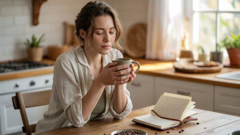 A woman embraces her slow morning routine, sitting at a kitchen table with a mug in hand and eyes closed to savor the aroma. An open notebook and scattered coffee beans rest nearby as bright daylight fills the cozy kitchen.