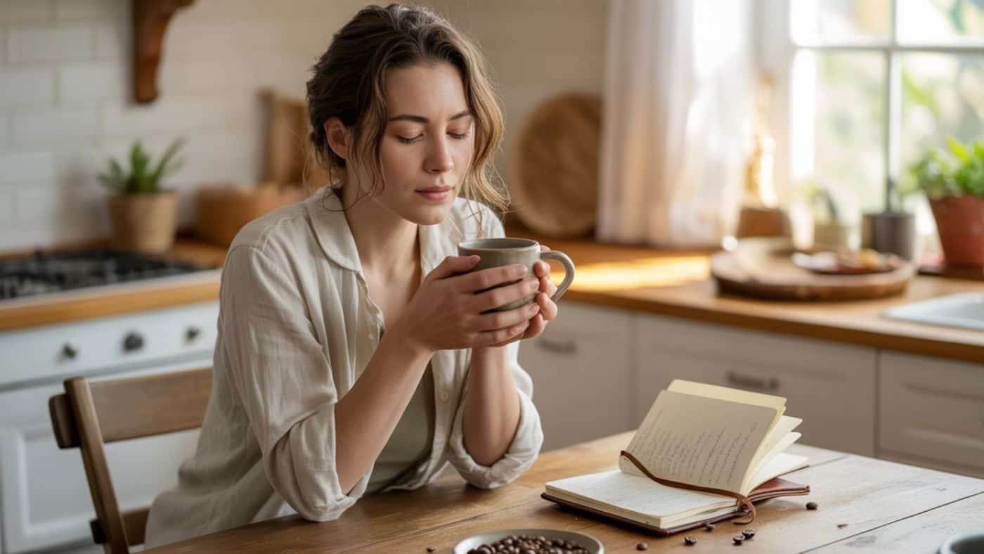 A woman embraces her slow morning routine, sitting at a kitchen table with a mug in hand and eyes closed to savor the aroma. An open notebook and scattered coffee beans rest nearby as bright daylight fills the cozy kitchen.