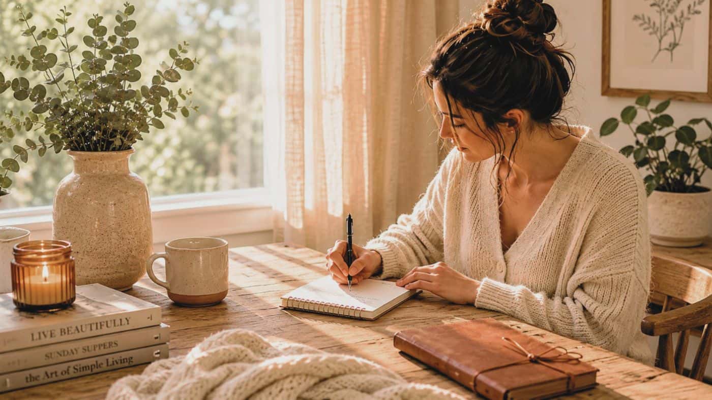 A woman sits at a wooden table writing in her notebook, planning a Sunday Reset. She’s in a cozy sweater, surrounded by books, a candle, plants, and a mug—sunlight streaming through the window as she gathers productivity tips to simplify the week.