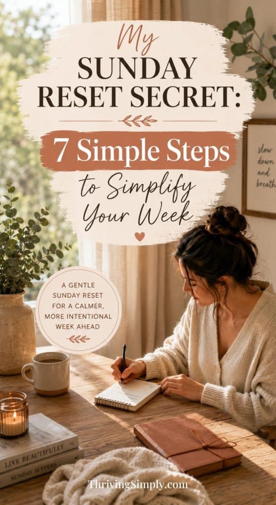 A woman sits at a cozy desk by a window, writing in a notebook. Text on the image reads: My Sunday Reset Secret: 7 Simple Steps to Simplify Your Week. Gentle weekly planning for a calmer week ahead. ThrivingSimply.com.