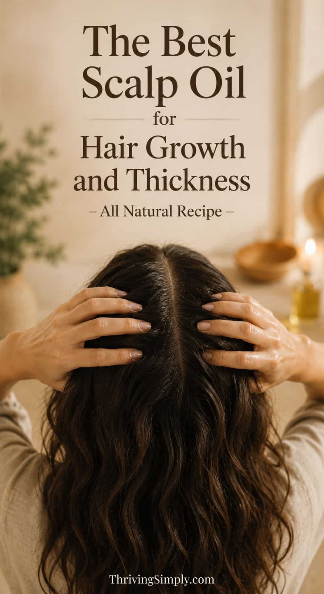 A woman with wavy brown hair massages oil into her scalp with both hands. Text above reads: The Best DIY Scalp Oil for Hair Growth and Thickness – All Natural Recipe. A candle and plant are blurred in the background.