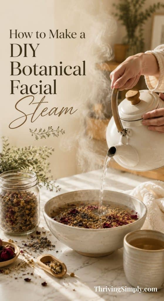 A person pours hot water from a white teapot into a bowl of dried flowers and herbs, creating steam—a soothing ritual perfect for your Sunday reset. Jars of botanicals, a cup, and green plants decorate the sunlit table. Text reads How to Make a DIY Botanical Facial Steam.
