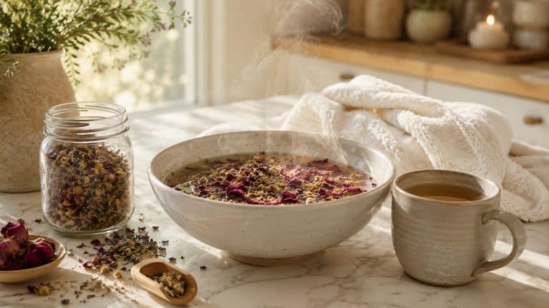 A steaming bowl with dried flowers, a mug, a jar of herbs, and a wooden spoon sit on a marble countertop, evoking the soothing ritual of a DIY botanical facial steam. A white towel and plants are in the background, creating a calm, spa-like atmosphere that's perfect for your Sunday reset.