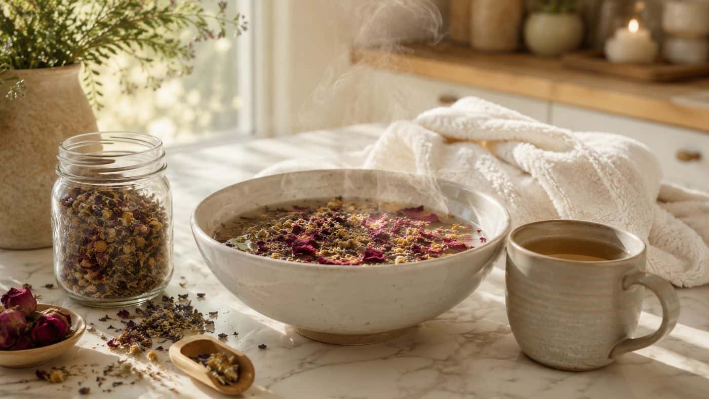 A steaming bowl with dried flowers, a mug, a jar of herbs, and a wooden spoon sit on a marble countertop, evoking the soothing ritual of a DIY botanical facial steam. A white towel and plants are in the background, creating a calm, spa-like atmosphere that's perfect for your Sunday reset.