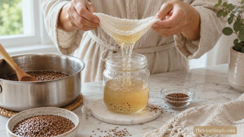 A person strains a golden liquid—flaxseed gel for face—through cheesecloth into a jar, surrounded by bowls of flaxseeds and a pot on a marble countertop, crafting this natural botox remedy with care.