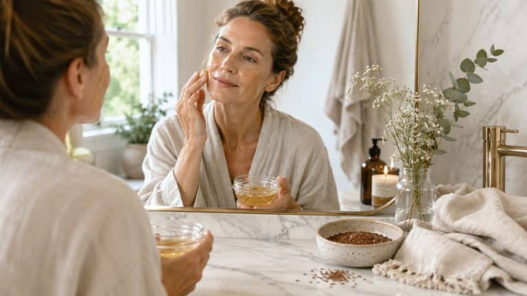 A woman in a bathrobe applies a flaxseed gel for face mask in front of a bathroom mirror, holding a small bowl. Skincare items, a towel, and a plant decorate the marble countertop, creating an inviting space for her natural botox-inspired beauty routine.