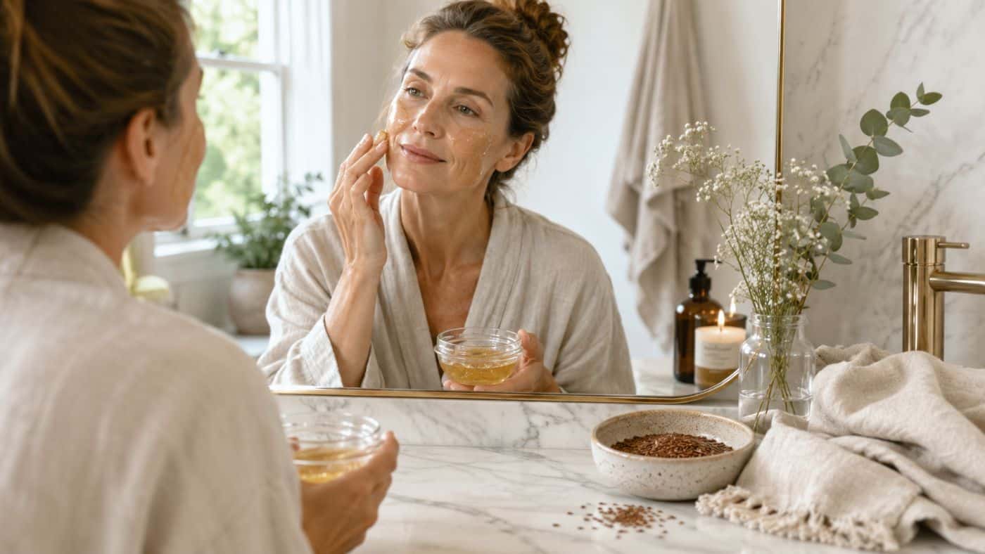 A woman in a bathrobe applies a flaxseed gel for face mask in front of a bathroom mirror, holding a small bowl. Skincare items, a towel, and a plant decorate the marble countertop, creating an inviting space for her natural botox-inspired beauty routine.